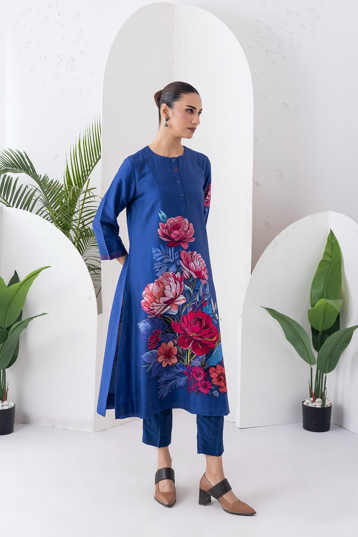 Cobalt Blue Silk Chanderi Printed Dress Set (2 PCS)