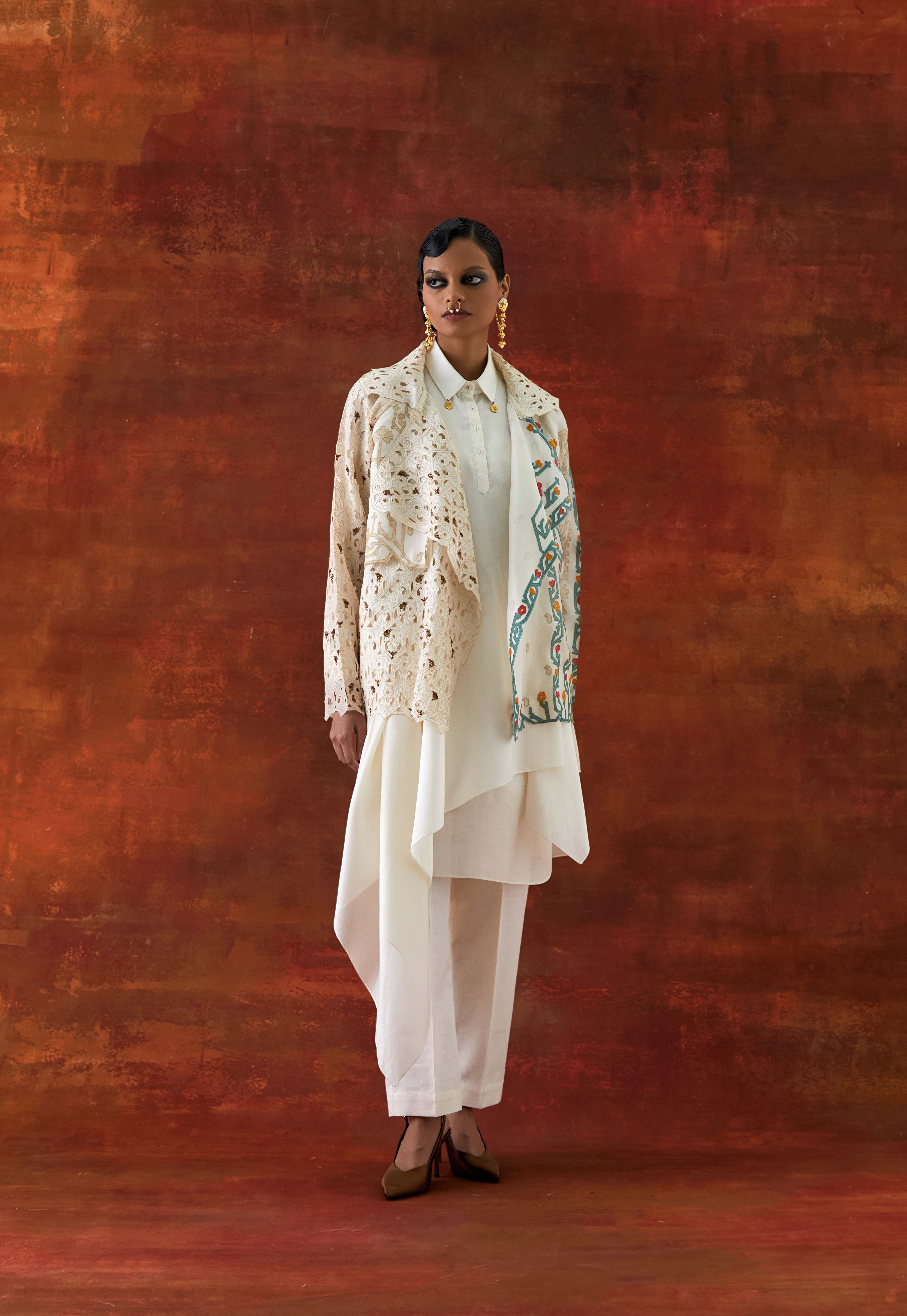 EMB ORGANZA SHORT TRENCH WITH DRAPED SHIRT AND PANTS - image 1