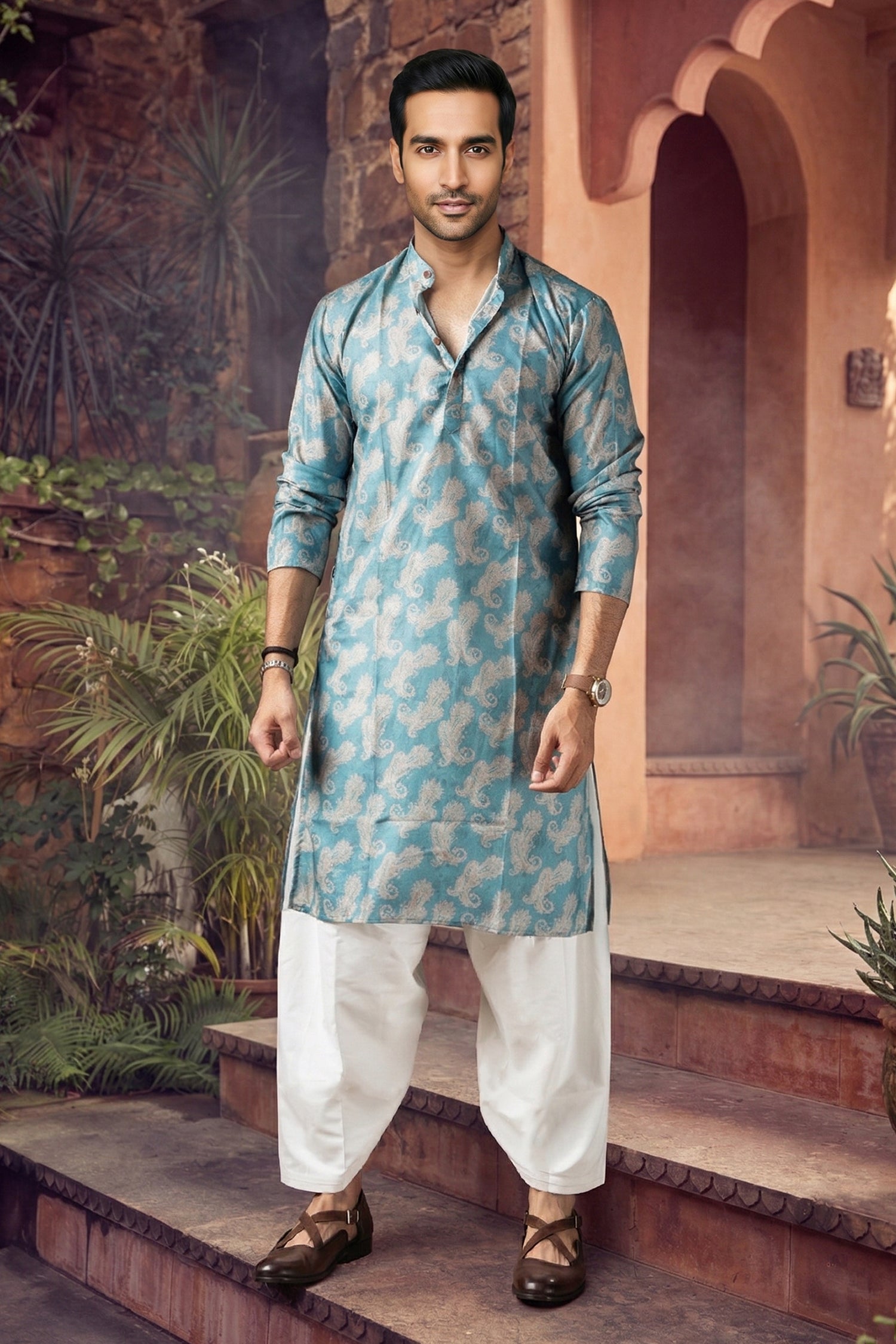 Men's Blended Cotton Cream Designer Printed Kurta with payjama