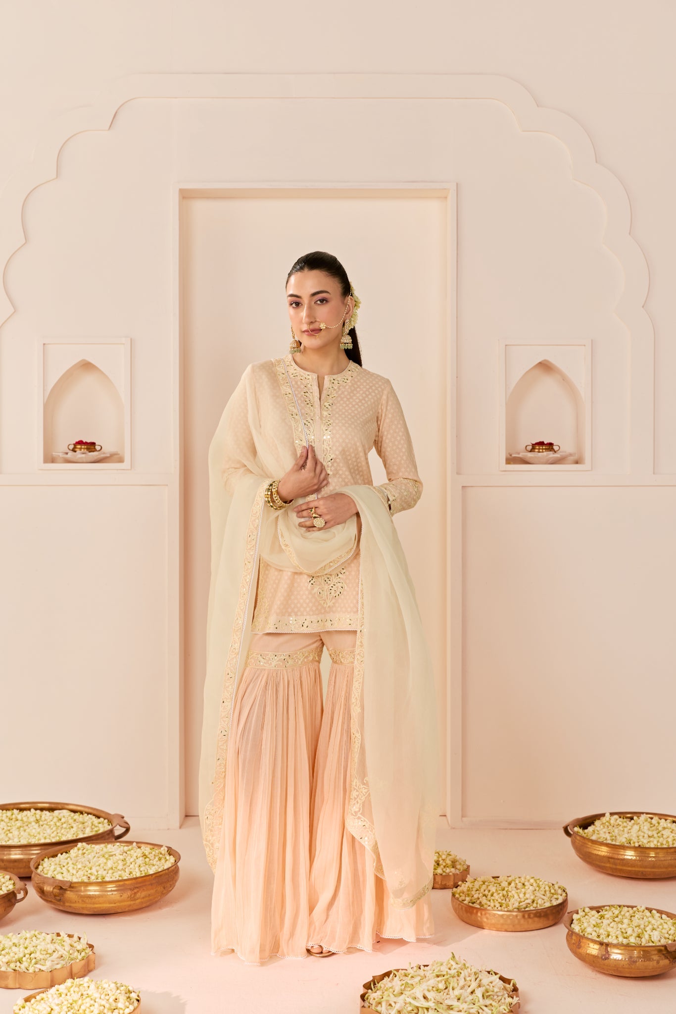 YASNEEN -DAISY IVORY SHORT KURTA WITH GARARA AND DUPATTA