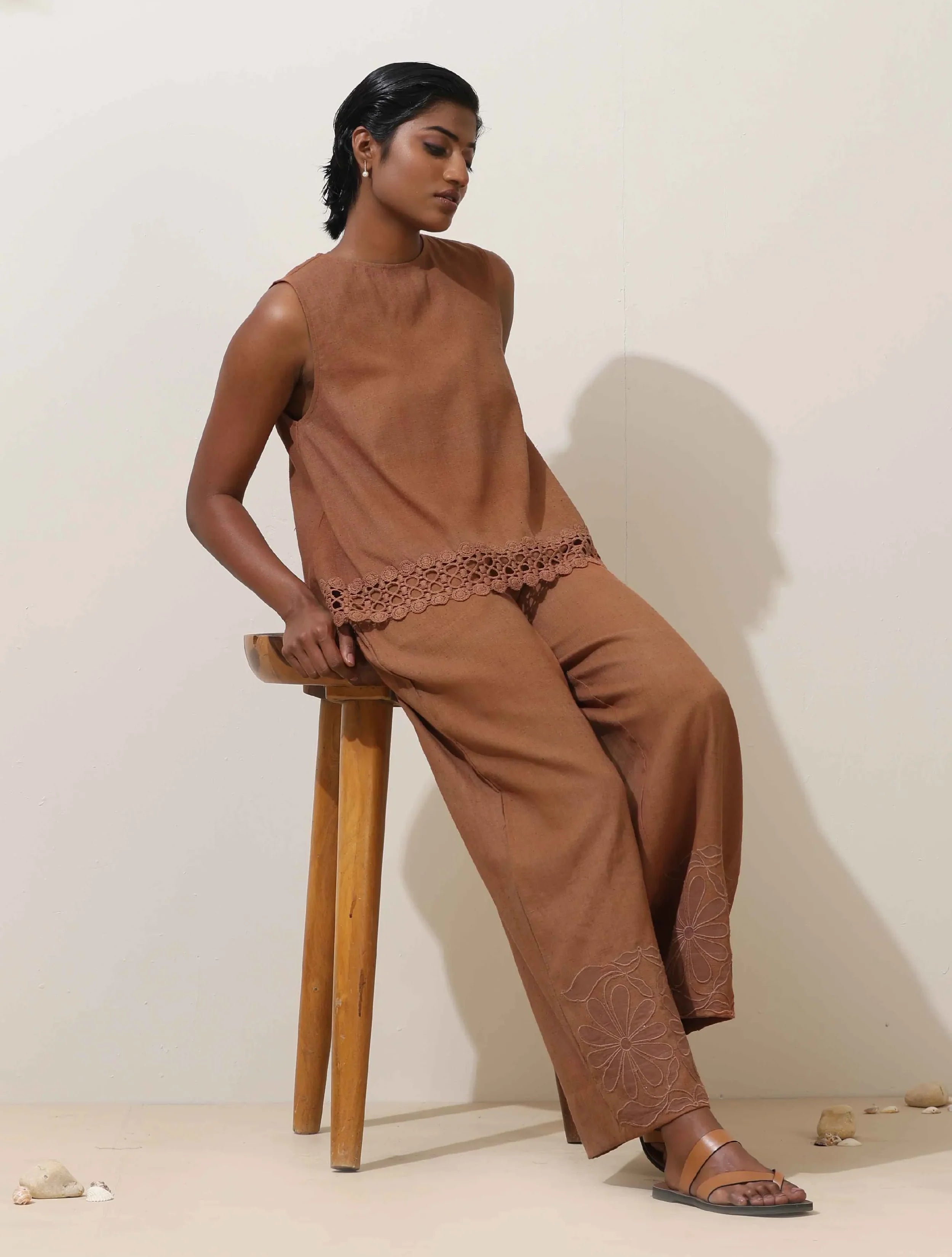 trueBrowns Oudh Brown Embroidered tural Cotton Co-ord Set