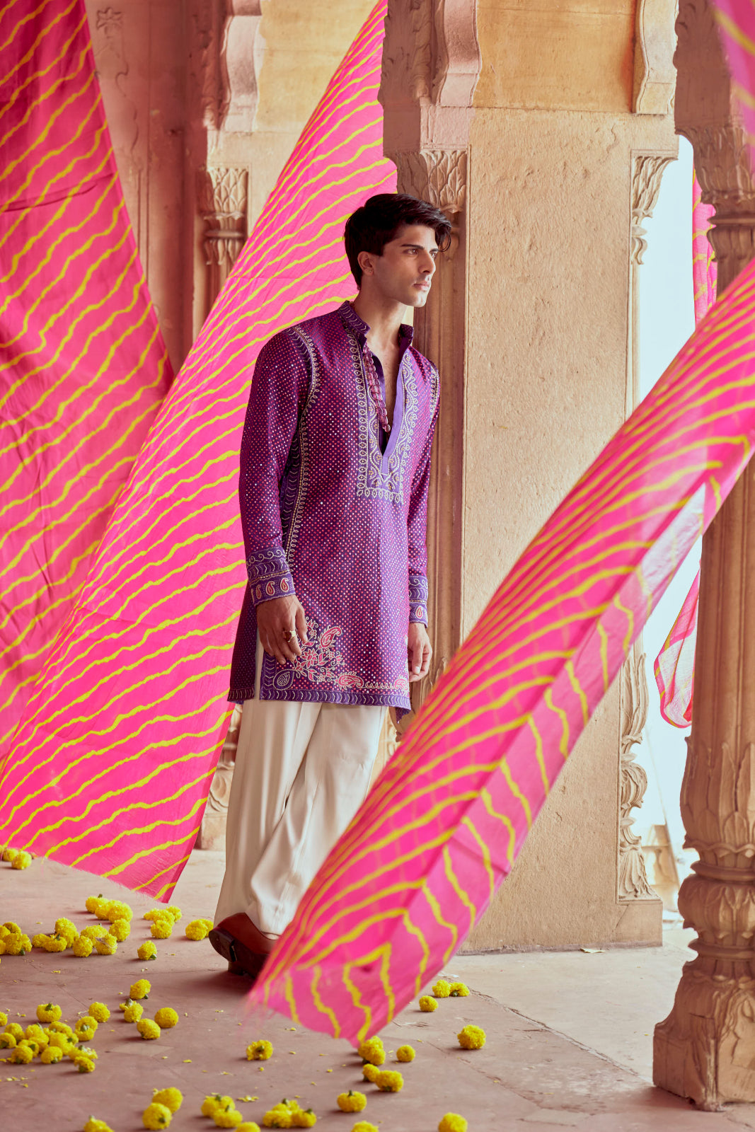 Purple printed bandhej kurta set