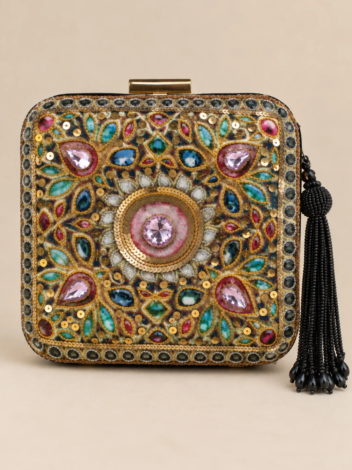 Multicolour Printed Embroidered Square Clutch Bag with Jewel Motifs and Black Tassel