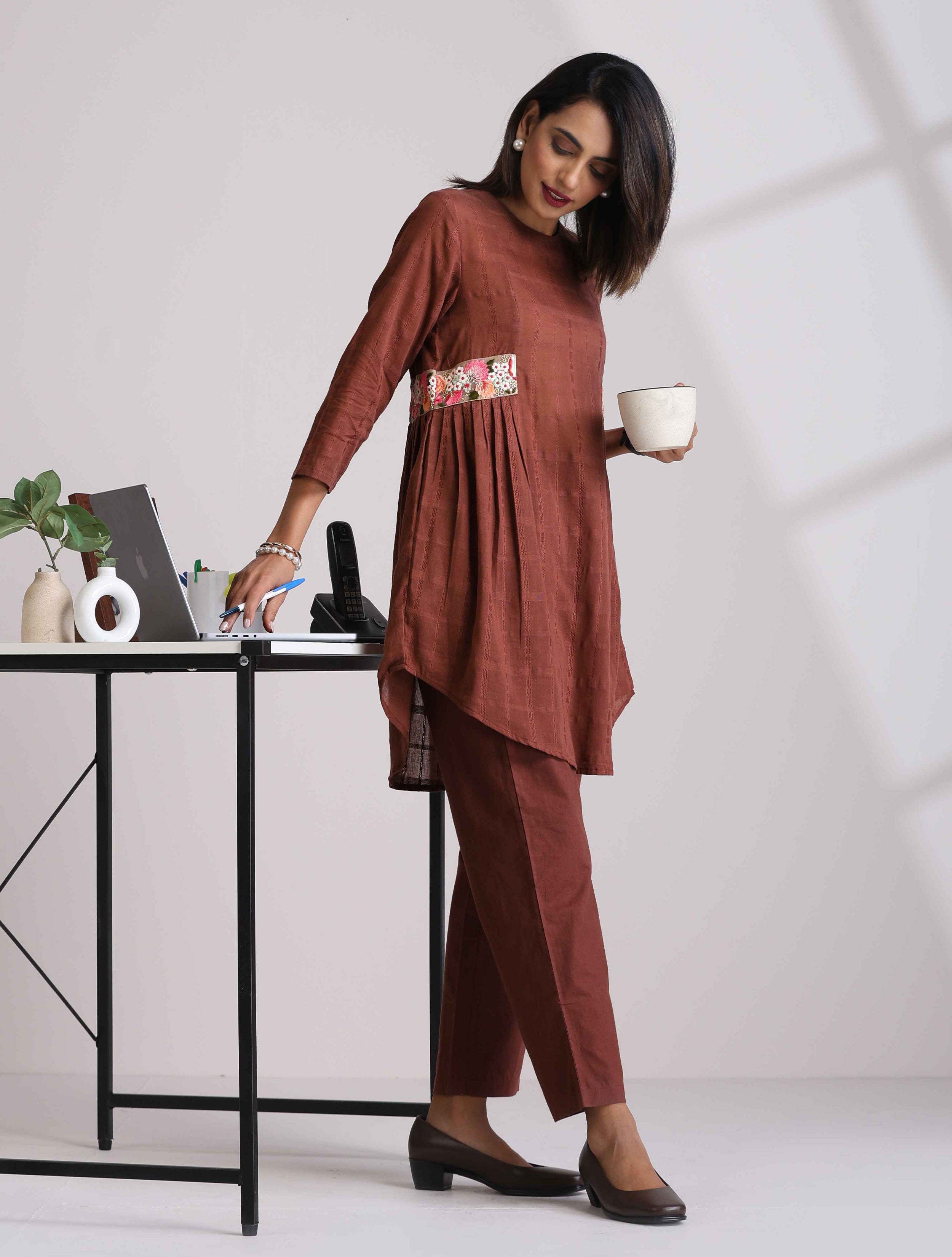 trueBrowns Brown Cotton Dobby Co-ord set