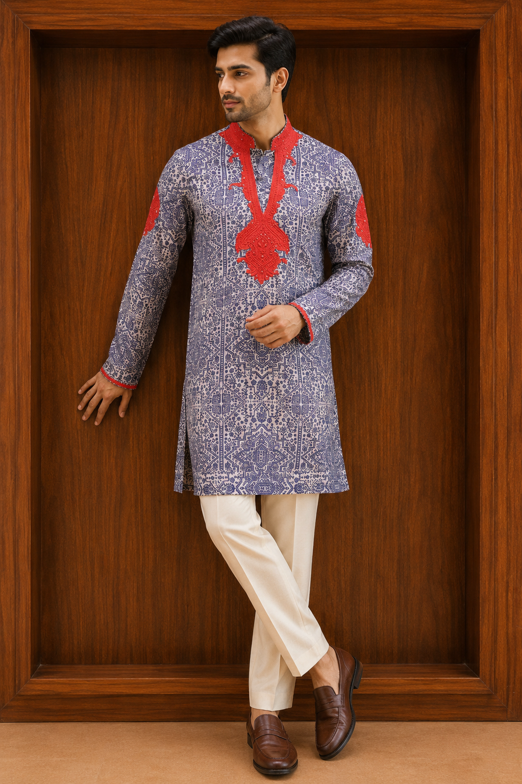 Naqshdar Red Threadwork Linen Satin Kurta