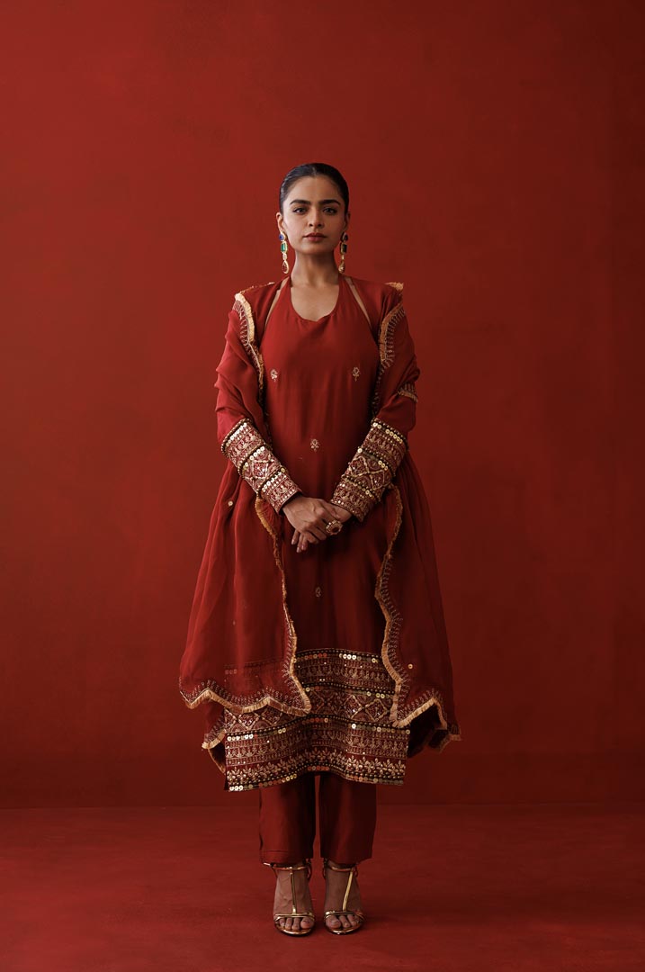 Rustic red halter neck kurta set