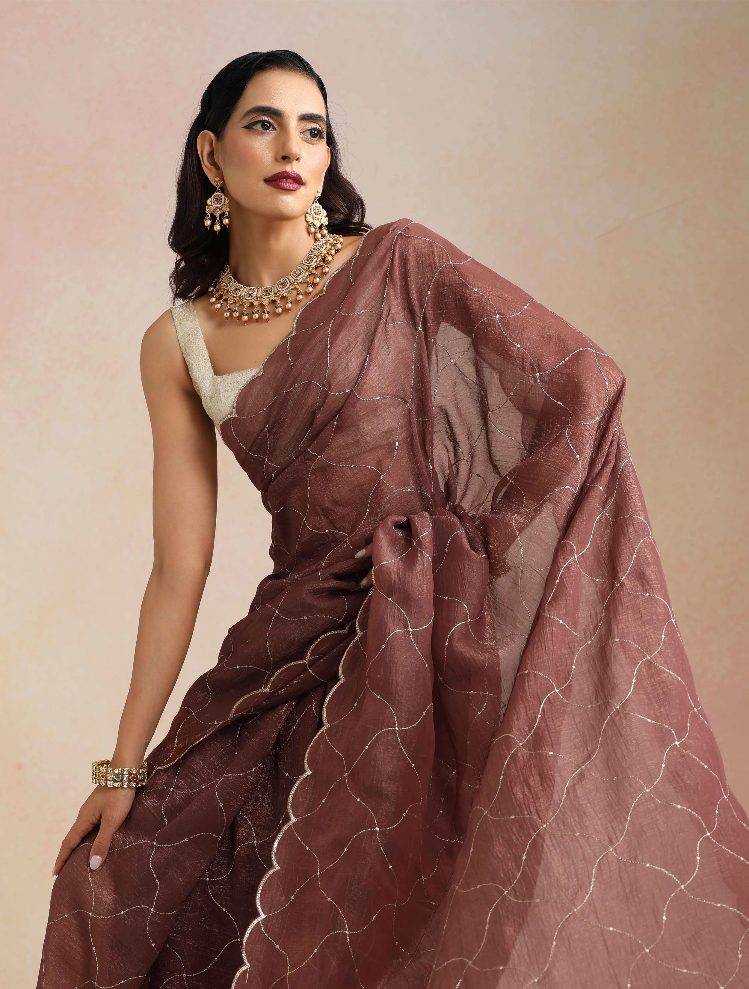 trueBrowns Copper Zari Jaal Embroidered Saree With Unstitched Blouse