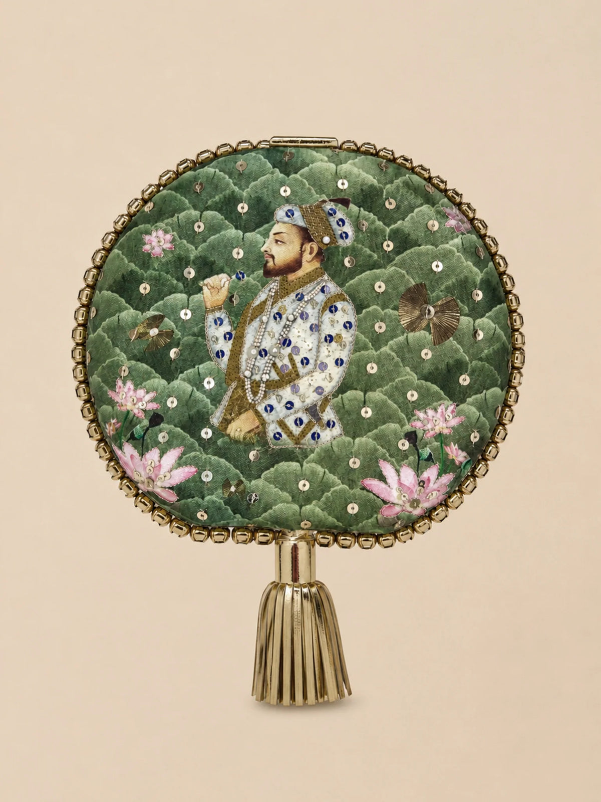 Green Lotus Print Round Clutch Bag with Shehzada Portrait & Tassel