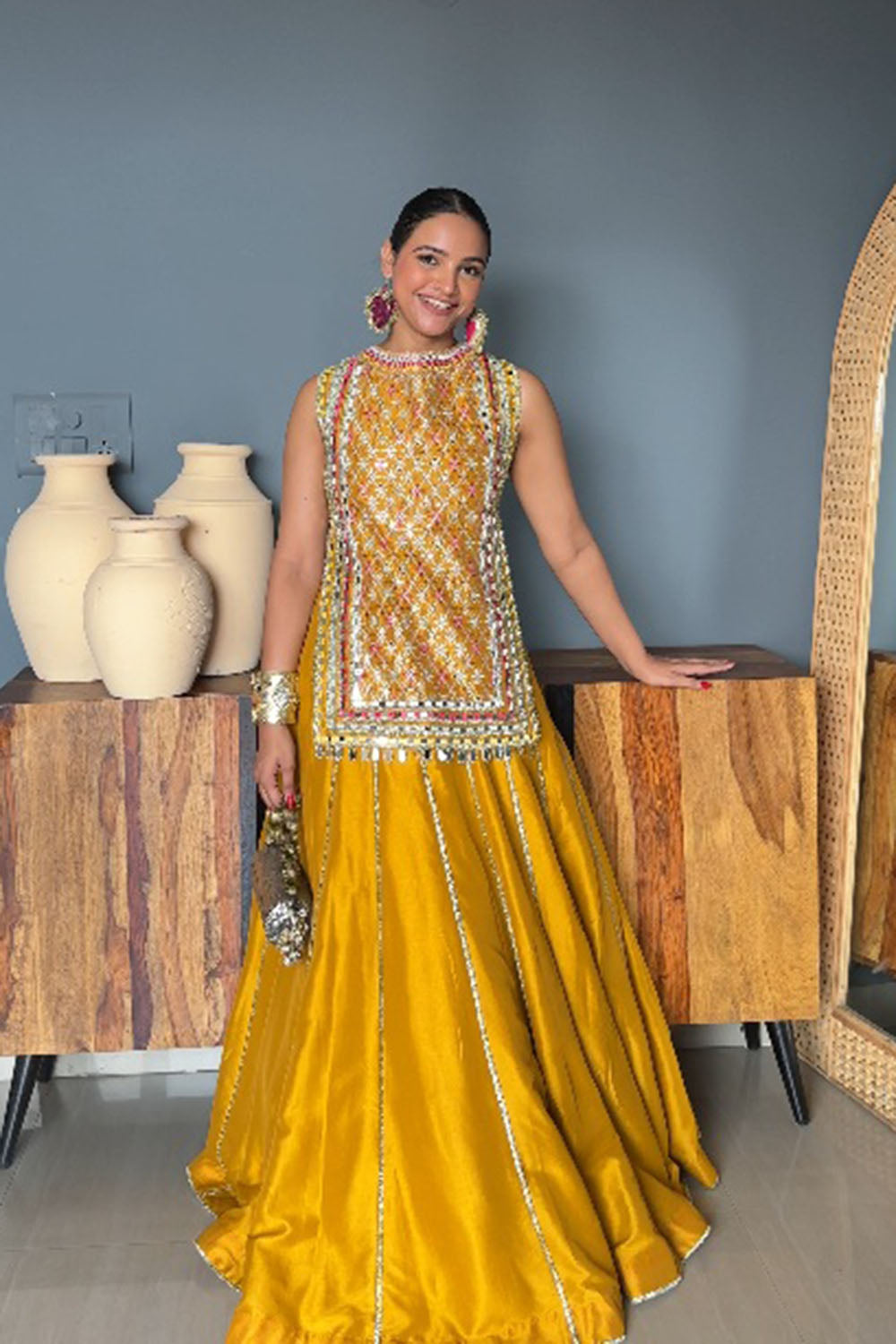 Mustard Yellow Silk Blend Mirror Work Skirt Set for Festive Wear