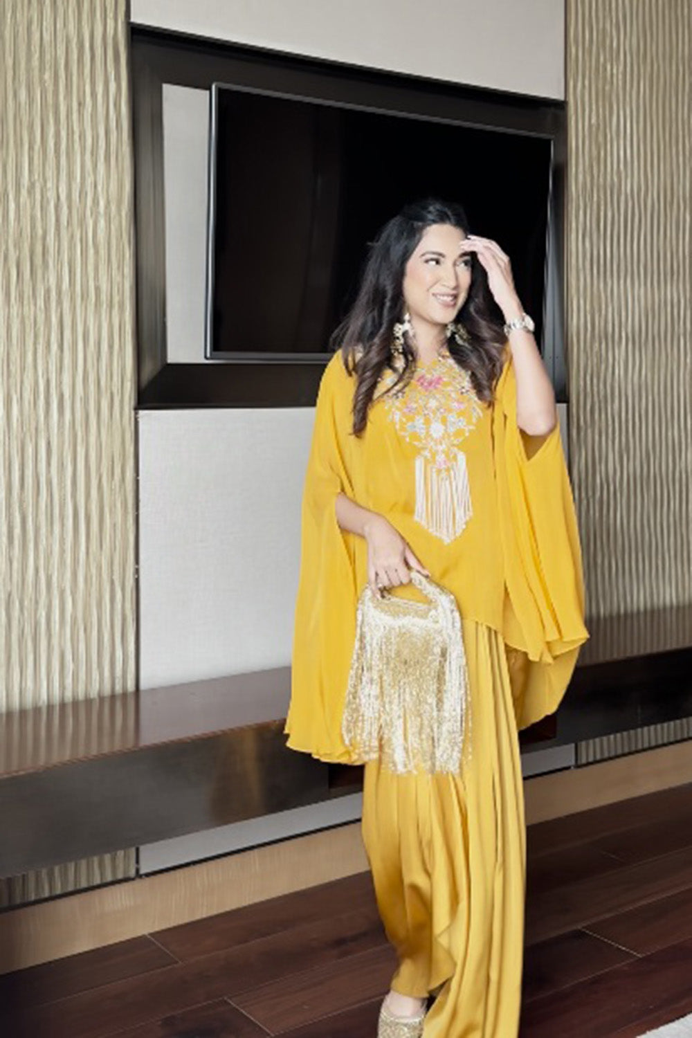 Mustard Embroidered Organza Cape with Fluid Modal Silk Skirt