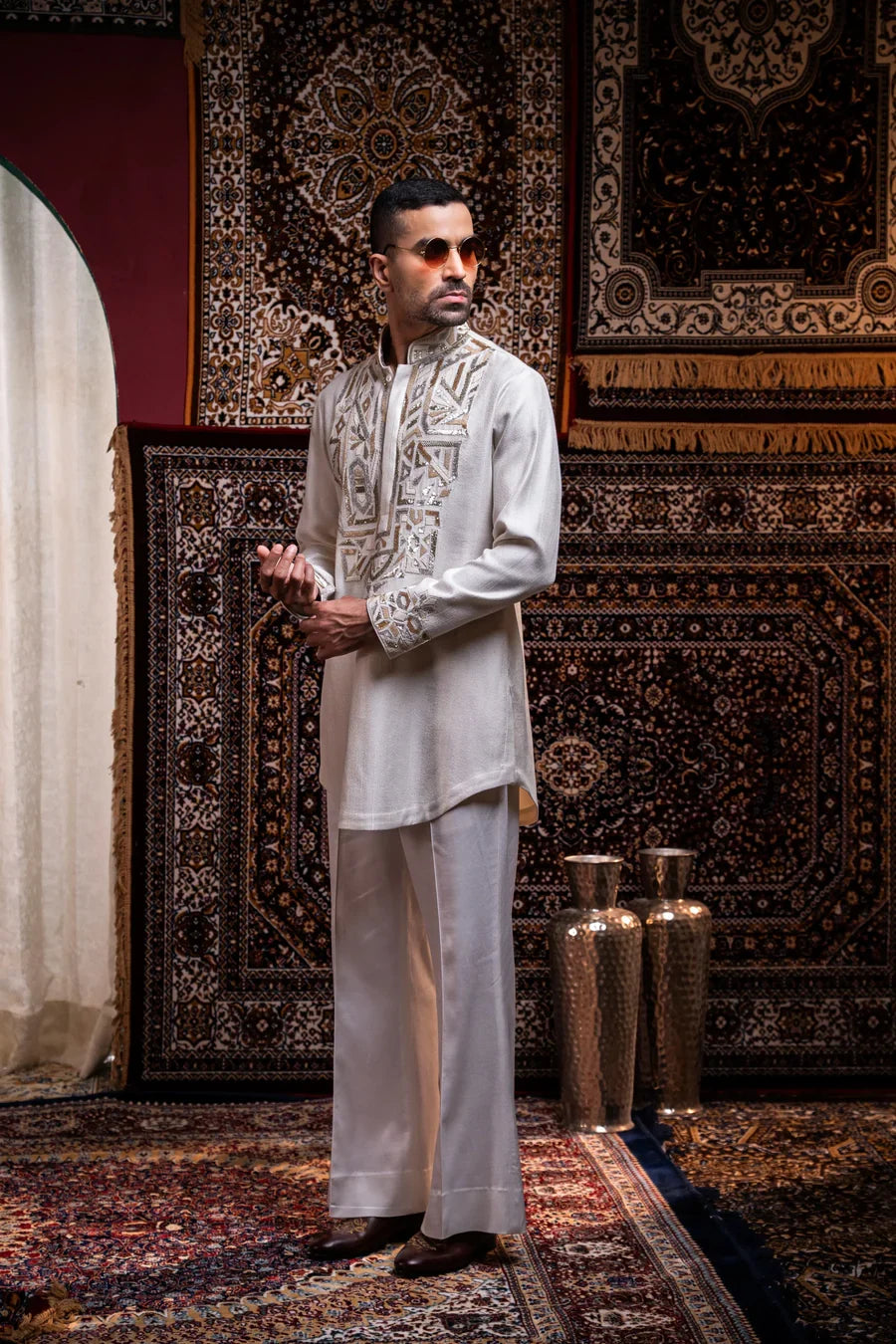 Ivory Regal Embroidered Linen Silk Kurta