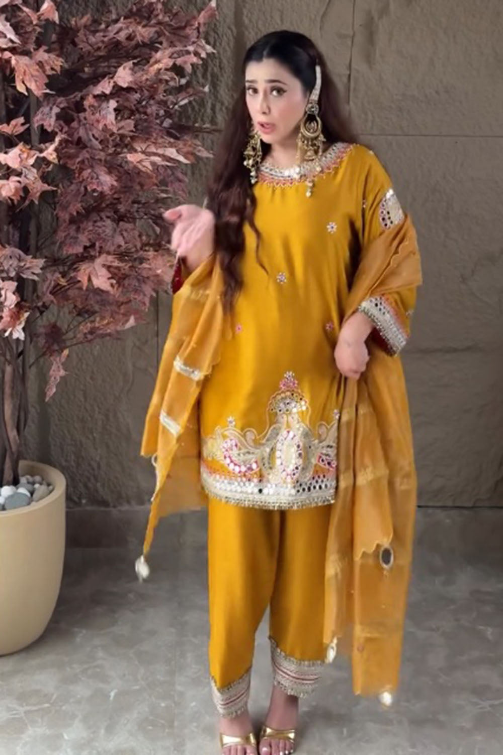 Mustard Gulzar Silk Blend Kurta Set with Mirror Work & Organza