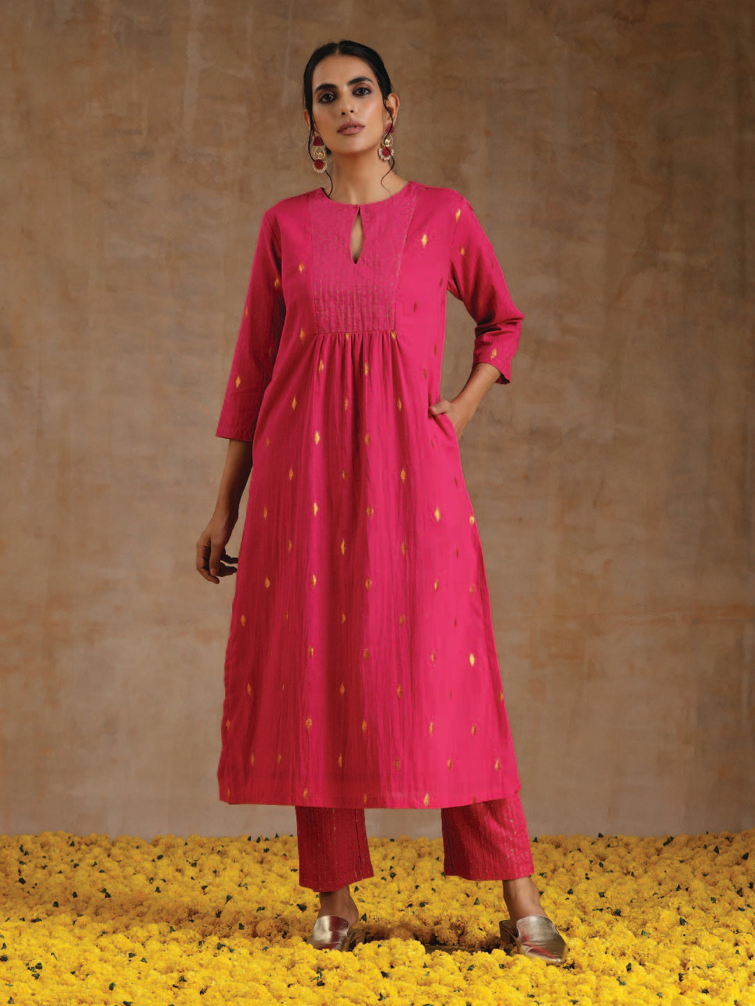 Pink Gold Cotton Yoke Kurta Set