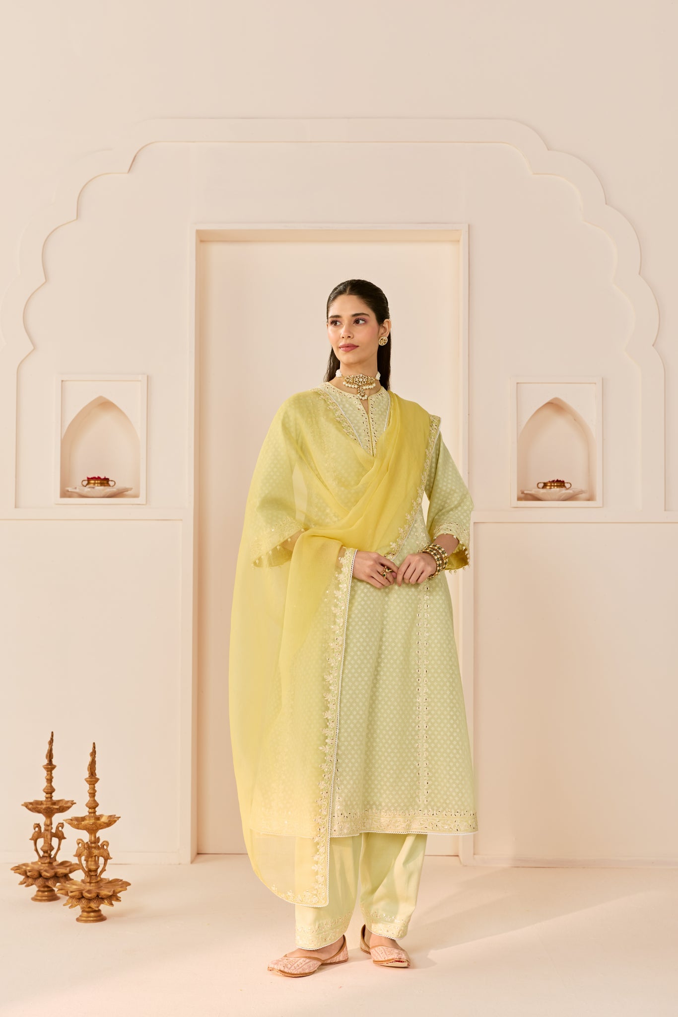FIRDAUS - MINT GREEN LONG KALIDAAR CHAUGA WITH DOGRI SALWAR AND DUPATTA