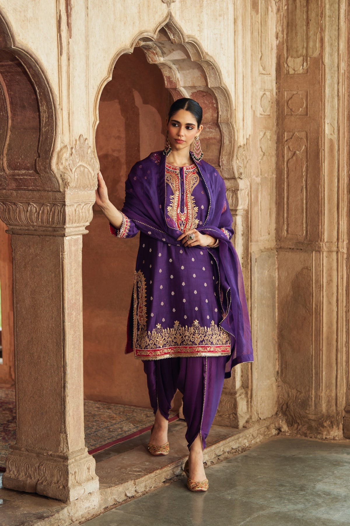 Deep Purple Silk Chanderi Short Kurta Dhoti Set for Festive Wear