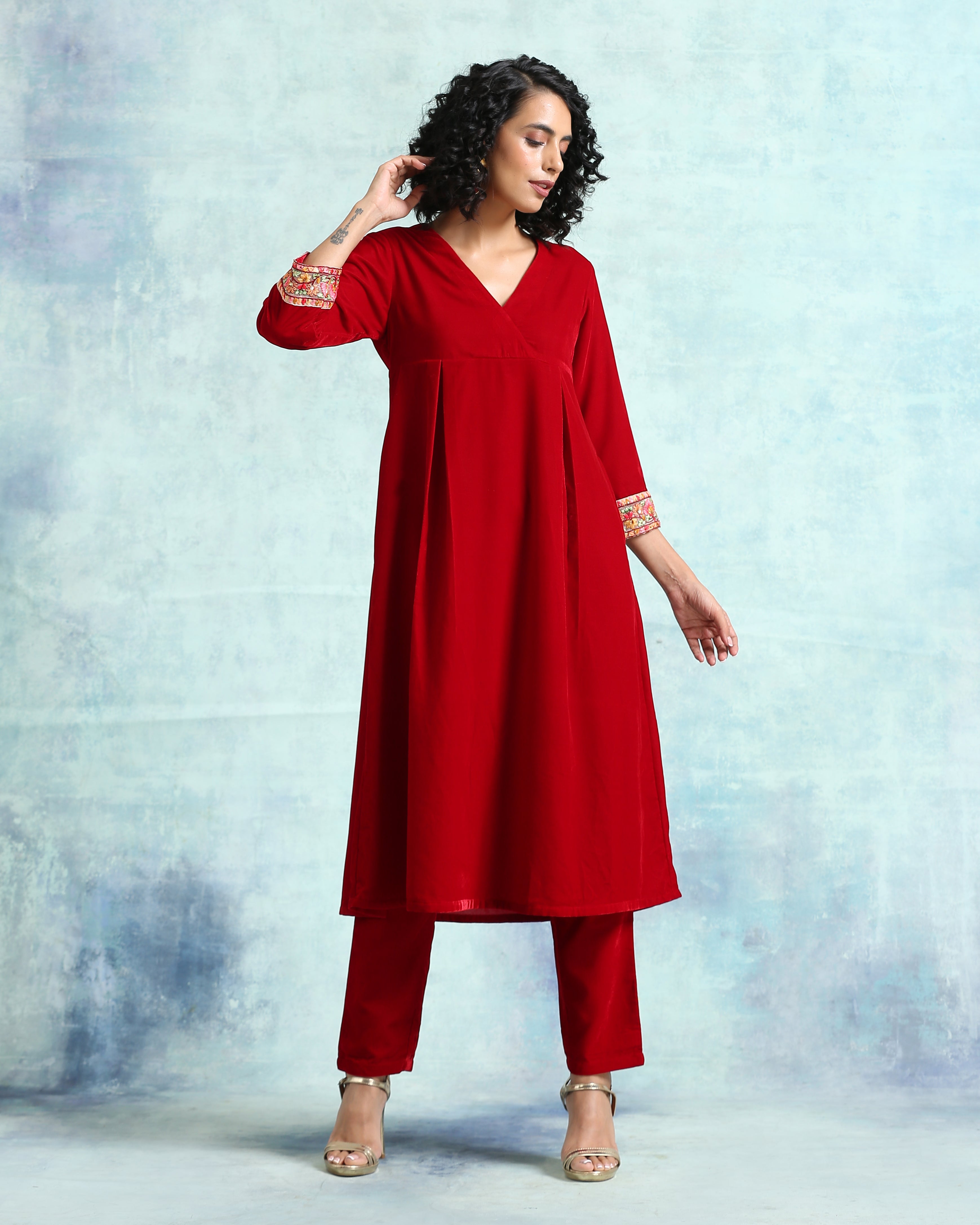 True Red Velvet Yoke Kurta