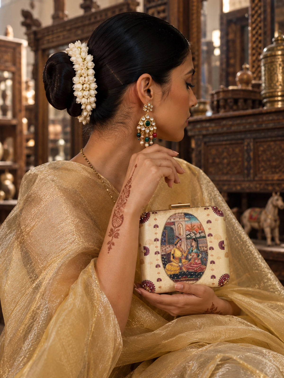 Ivory Indian Miniature Art Printed Embroidered Clutch Bag with Gold Detail