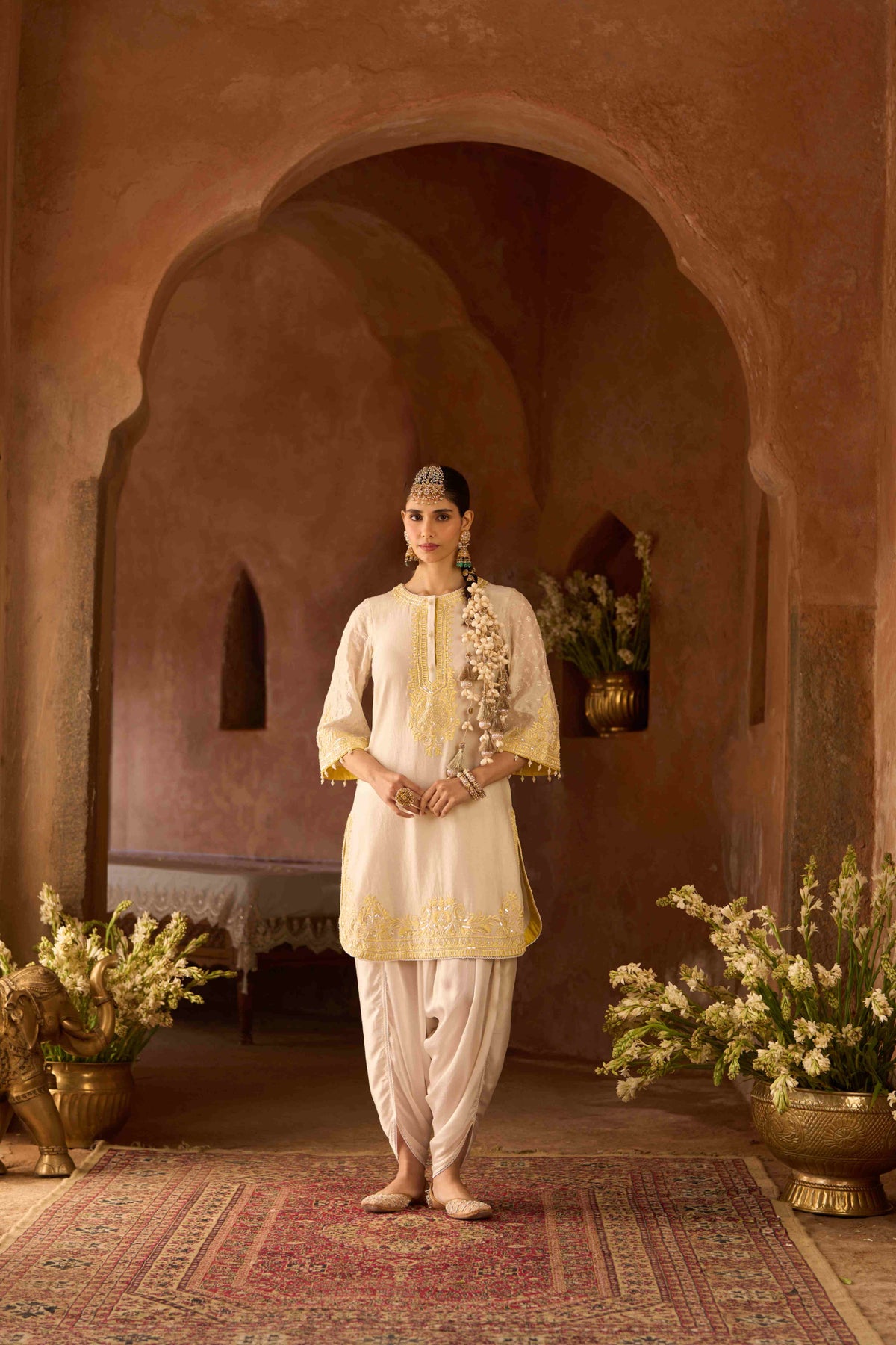 Ivory and Lemon Yellow Silk Chanderi Short Kurta Dhoti Set