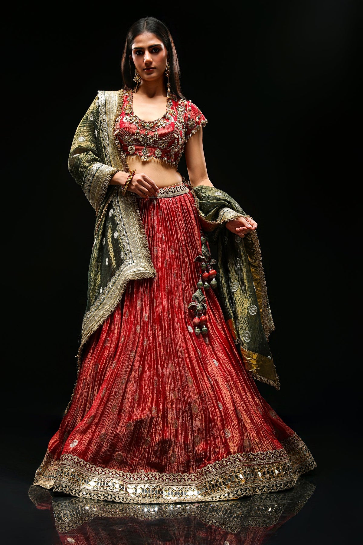 Heritage Green & Red Pure Banarasi Lehenga Set with Dupatta