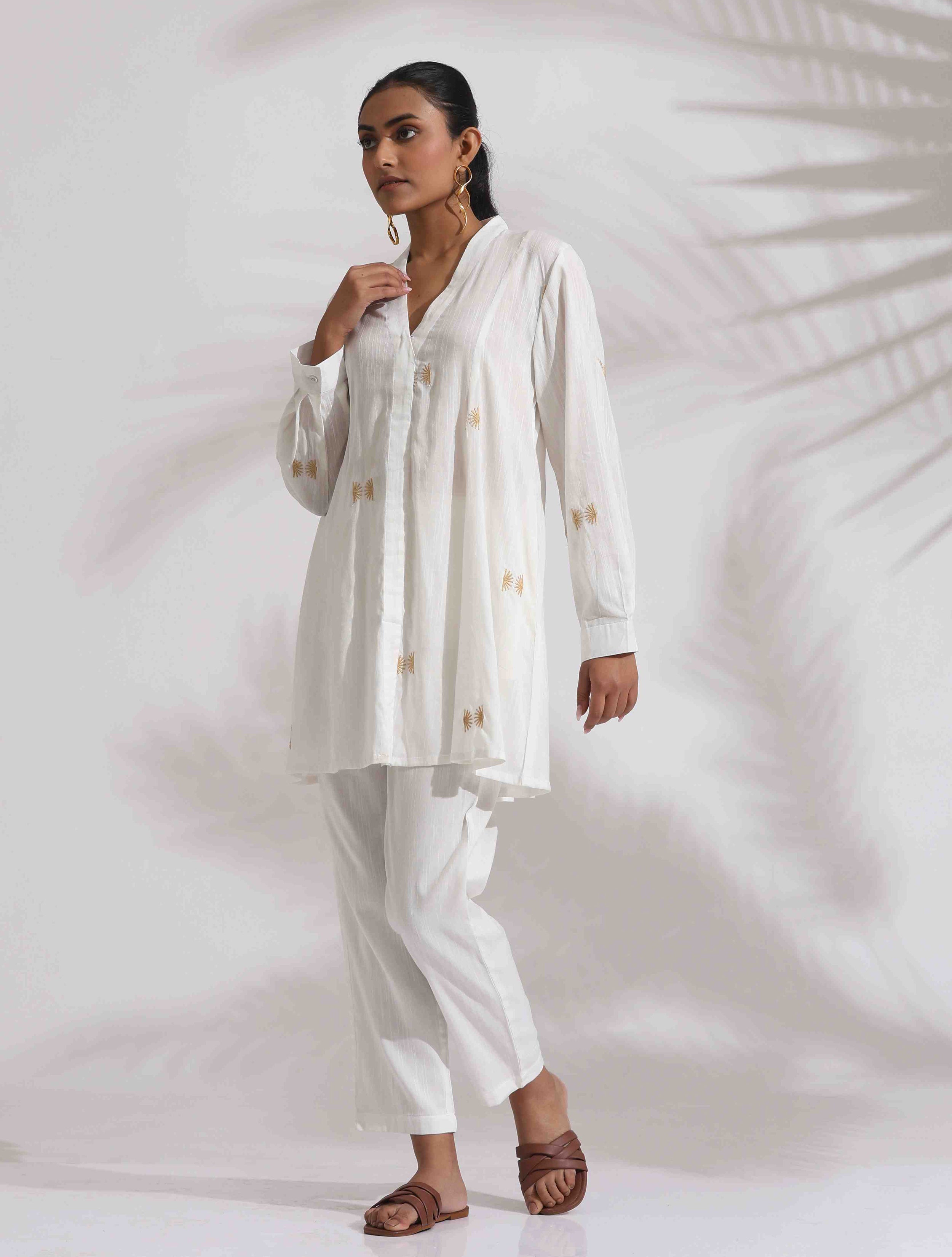 trueBrowns Off-White Cotton Embroidered A-line Co-ord Set