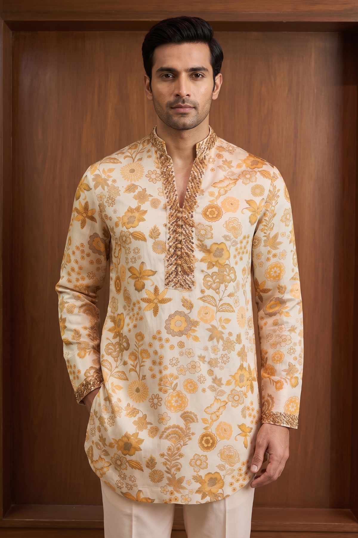 Ivory & Gold Floral Linen Satin Kurta