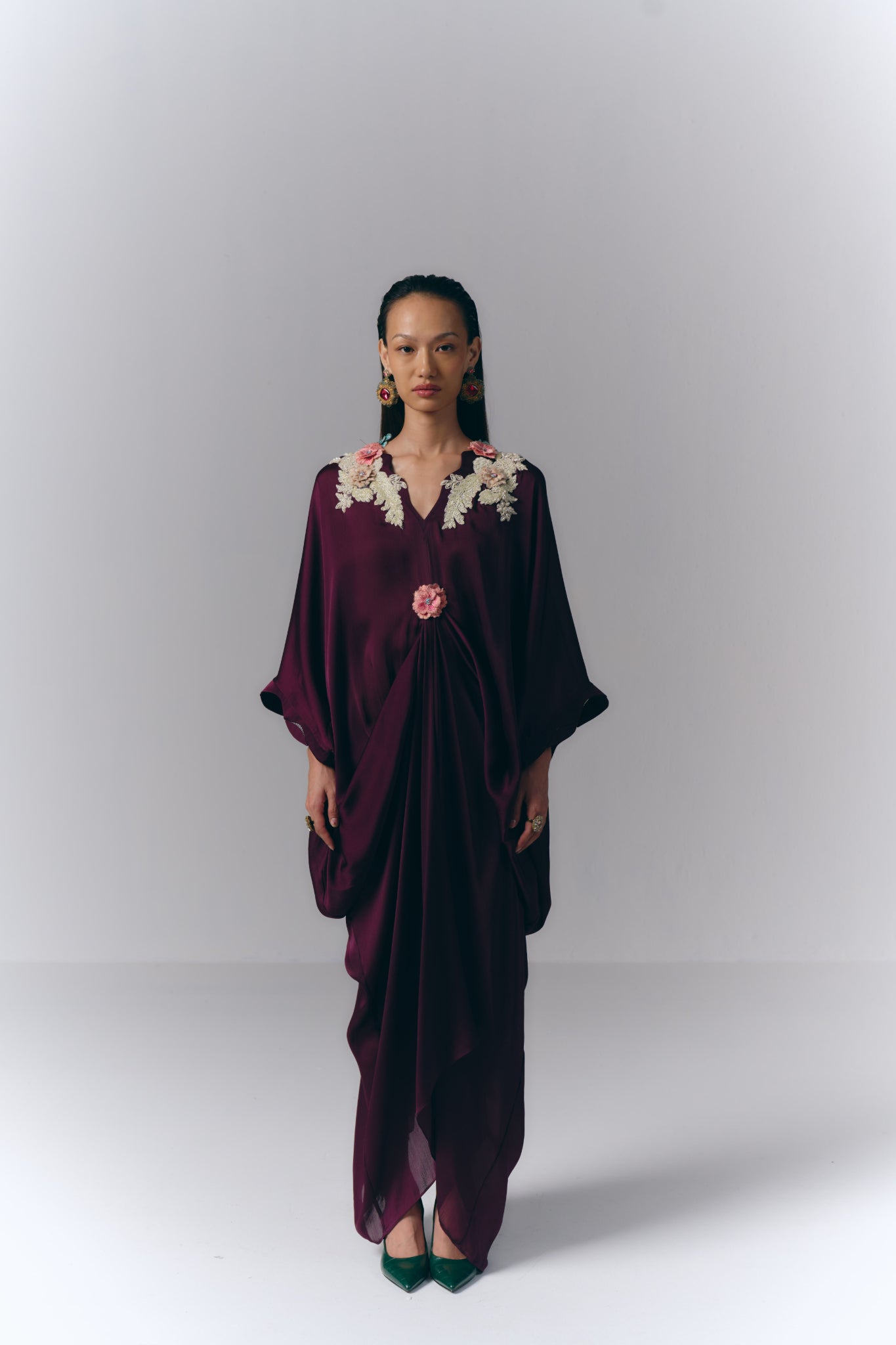 Pink Embroidered Draped Kaftan