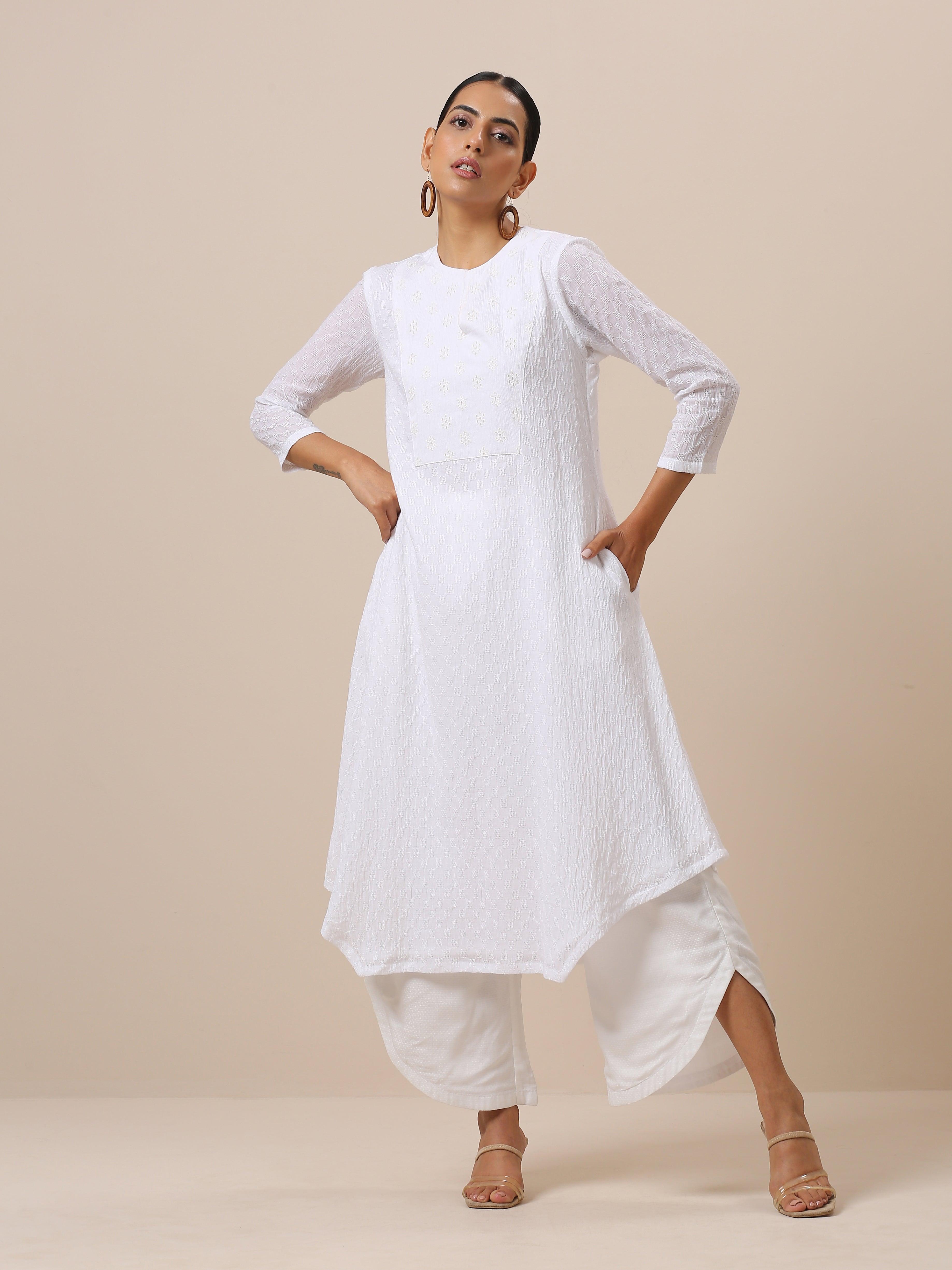 Cotton White Weave Yoke Kurta Pant Set - trueBrowns