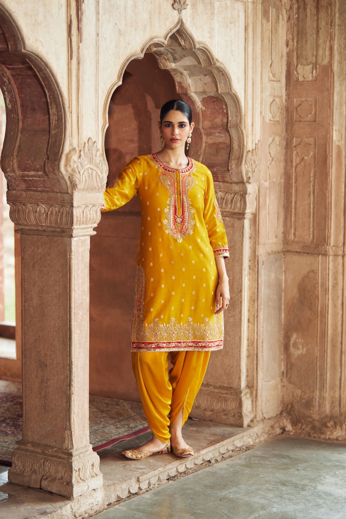 Mustard Silk Chanderi Short Kurta with Dhoti Salwar Set