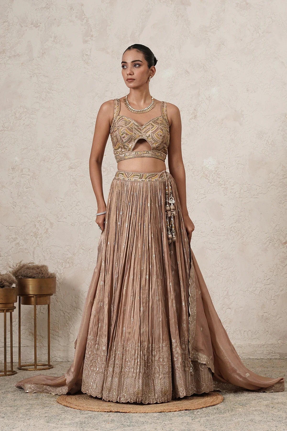 Sharbati Crushed Lehenga Set with Hand-Embroidered Blouse & Dupatta | Champagne Rose |  Women | THETAA