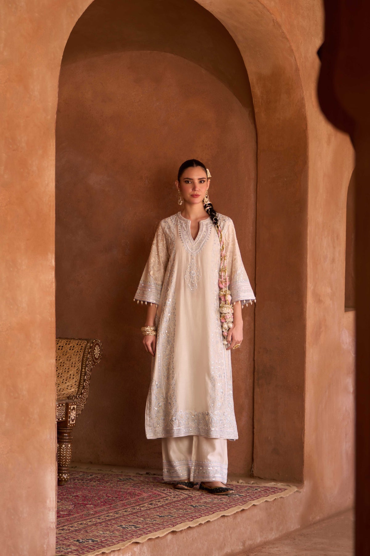 Ivory Blue Silk Chanderi Kurta Palazzo Set for Summer Weddings