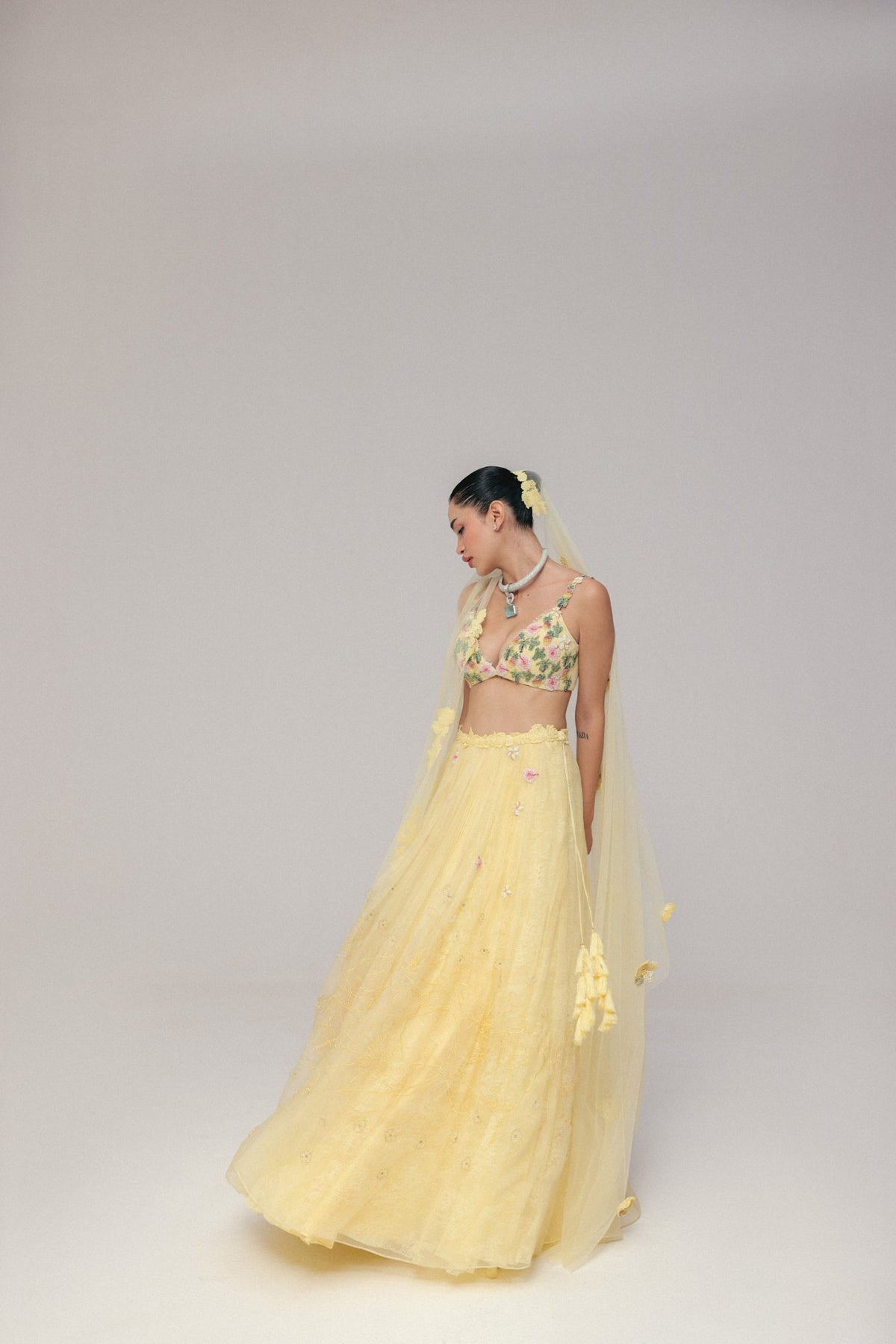 Beaded Motif Embroidery, Soft Tulle & Silk Organza with French Lace, Skirt Set, Embroidered Blouse Silhouette