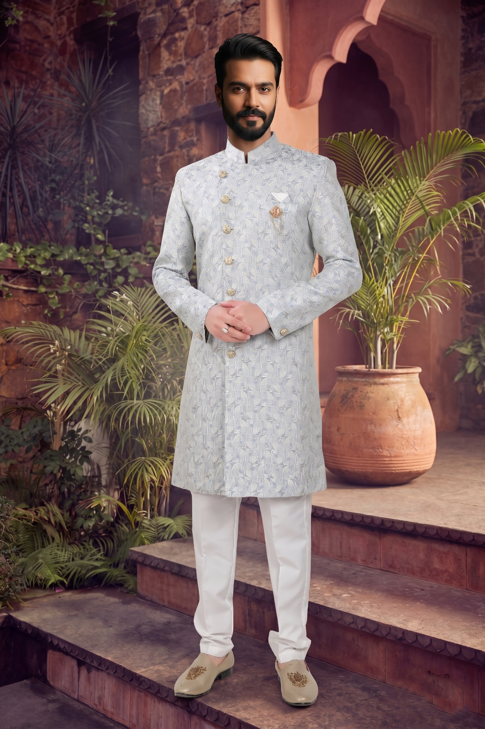 Men's WOVEN JACQUARD BLUE   SEMI-INDO-WESTERN