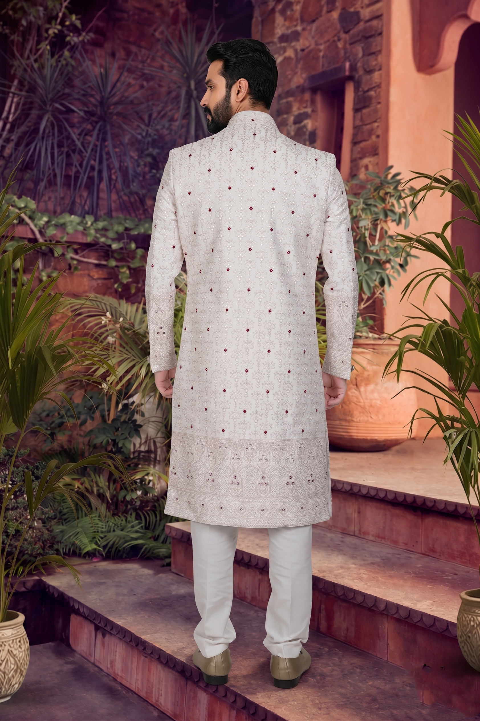 Men's SILK OFF-WHITE(MAROON AND GOLD EMBROIDARY)  SHERWANI