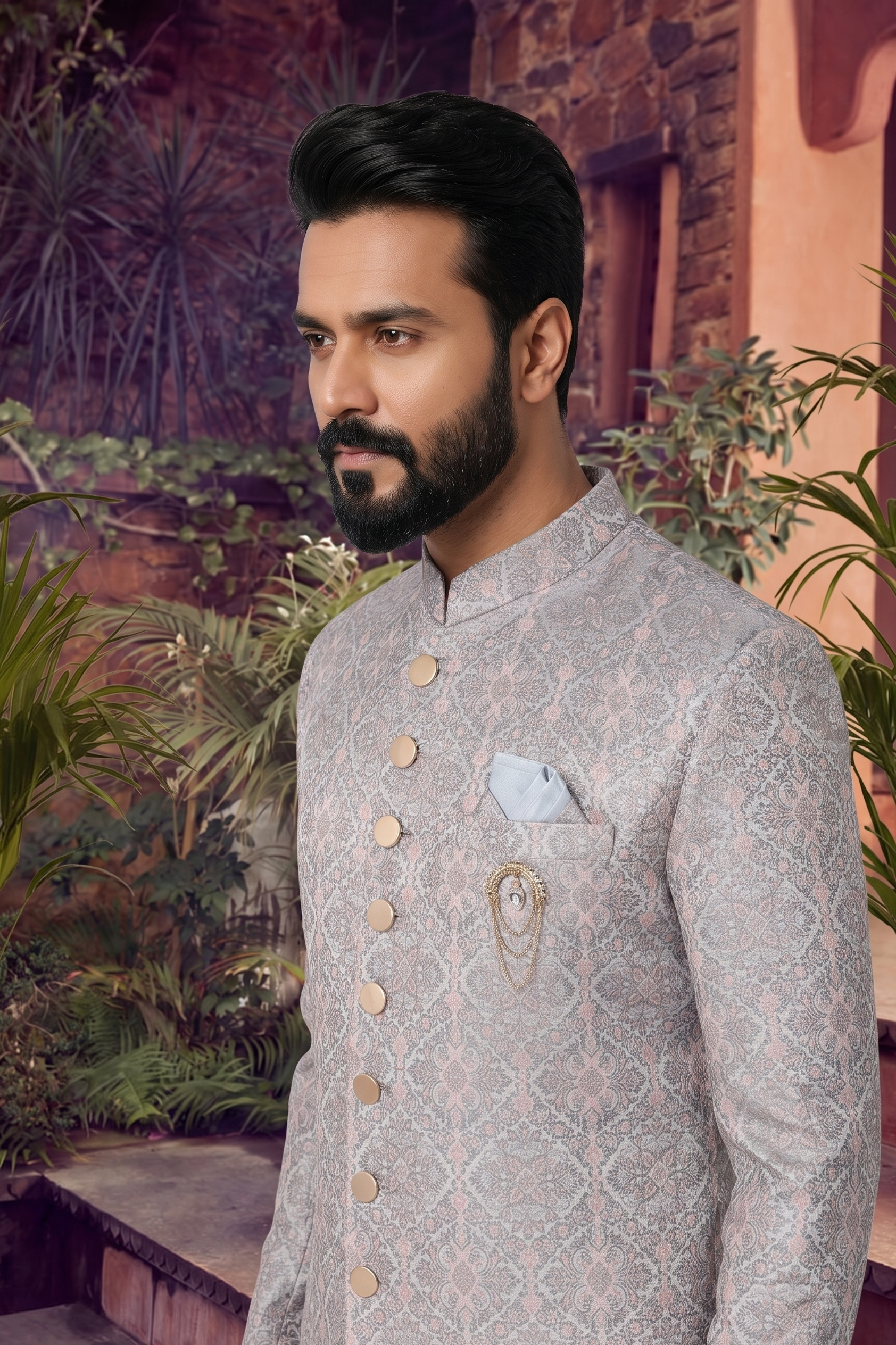 Men's WOVEN JACQUARD GREY  SEMI-INDO-WESTERN