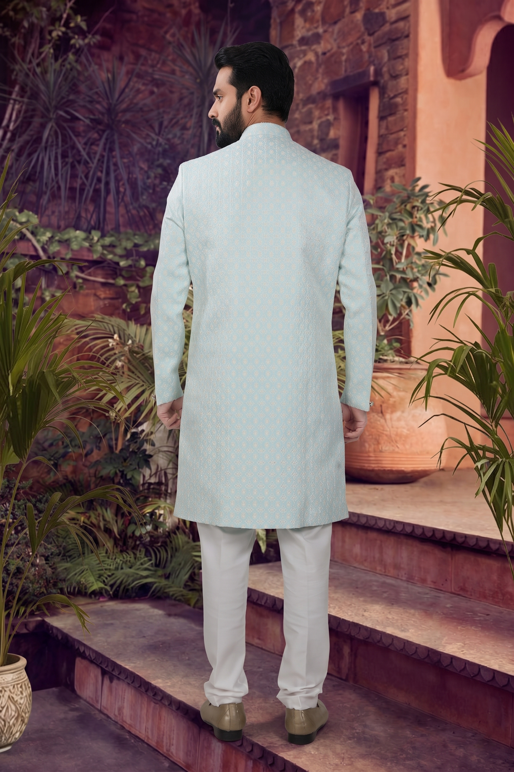 Men's WOVEN JACQUARD BLUE  SEMI-INDO-WESTERN