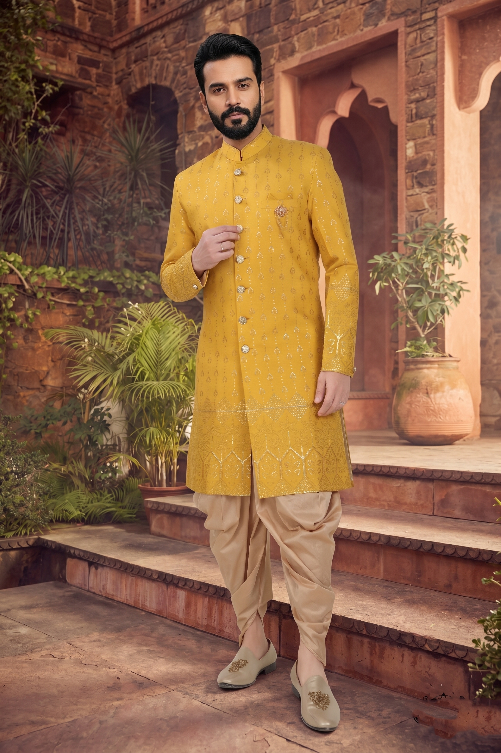 Men's SILK YELLOW  SEMI-INDO-WESTERN