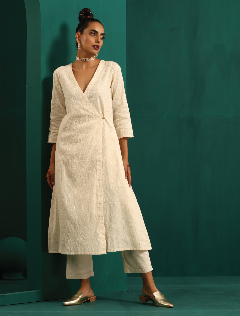 trueBrowns Ivory Tol Embroidered Angrakha Kurta Pant Set