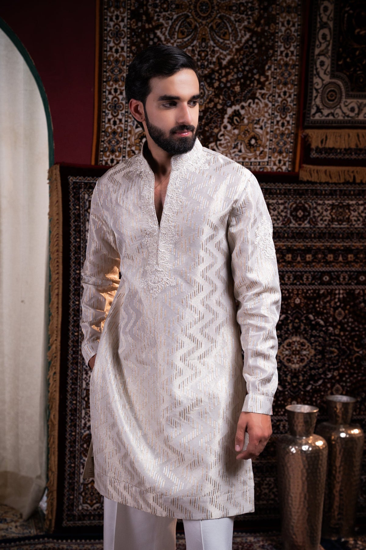 Grey Tissue Jacquard Kurta