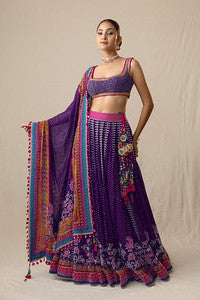 Purple mirror and pearl printed bandhej lehenga set