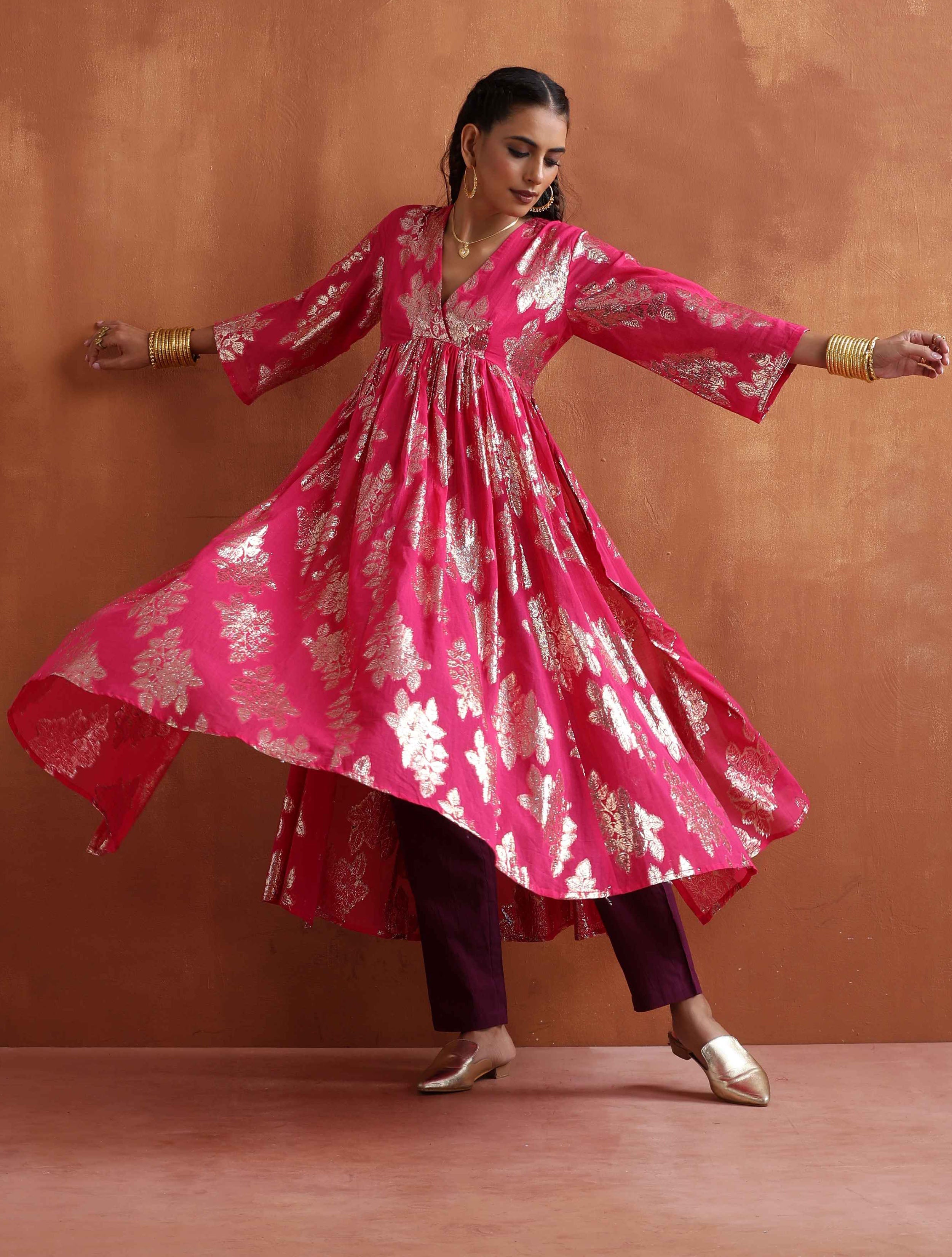 trueBrowns Pink Metallic Flared Arkali Kurta Set