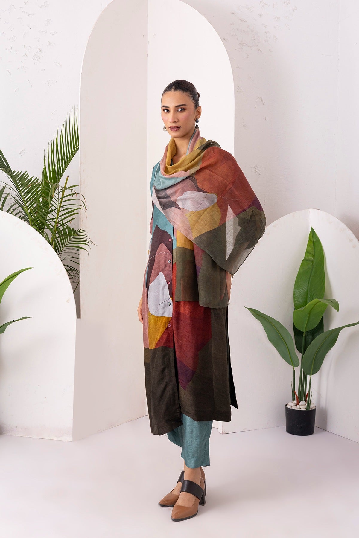 Multicoloured Viscose Dupion Printed Dress Set (2 PCS)