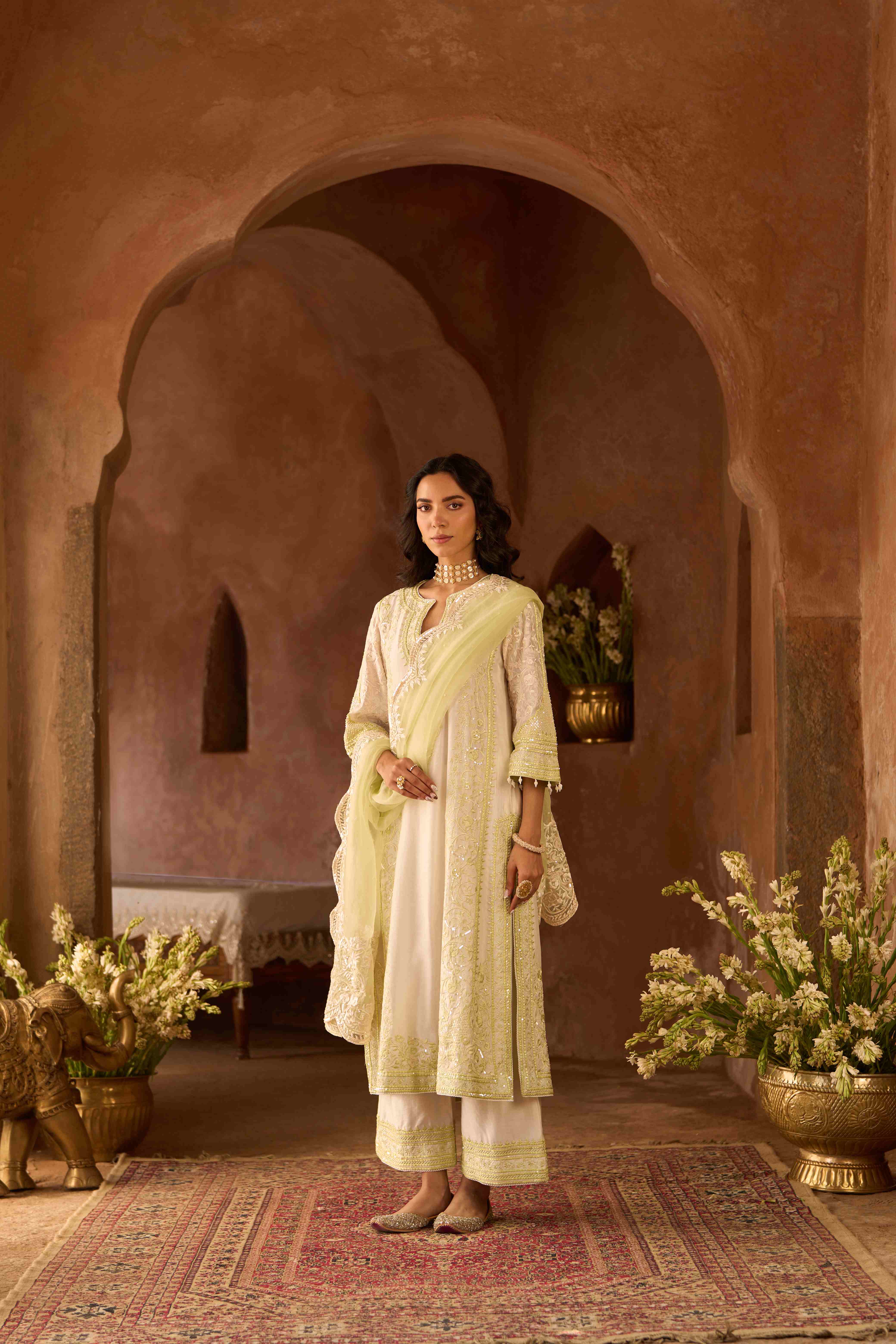 NURVI - DAISY IVORY WITH MINT GREEN LONG A-LINE KURTA WITH PALAZZO AND DUPATTA