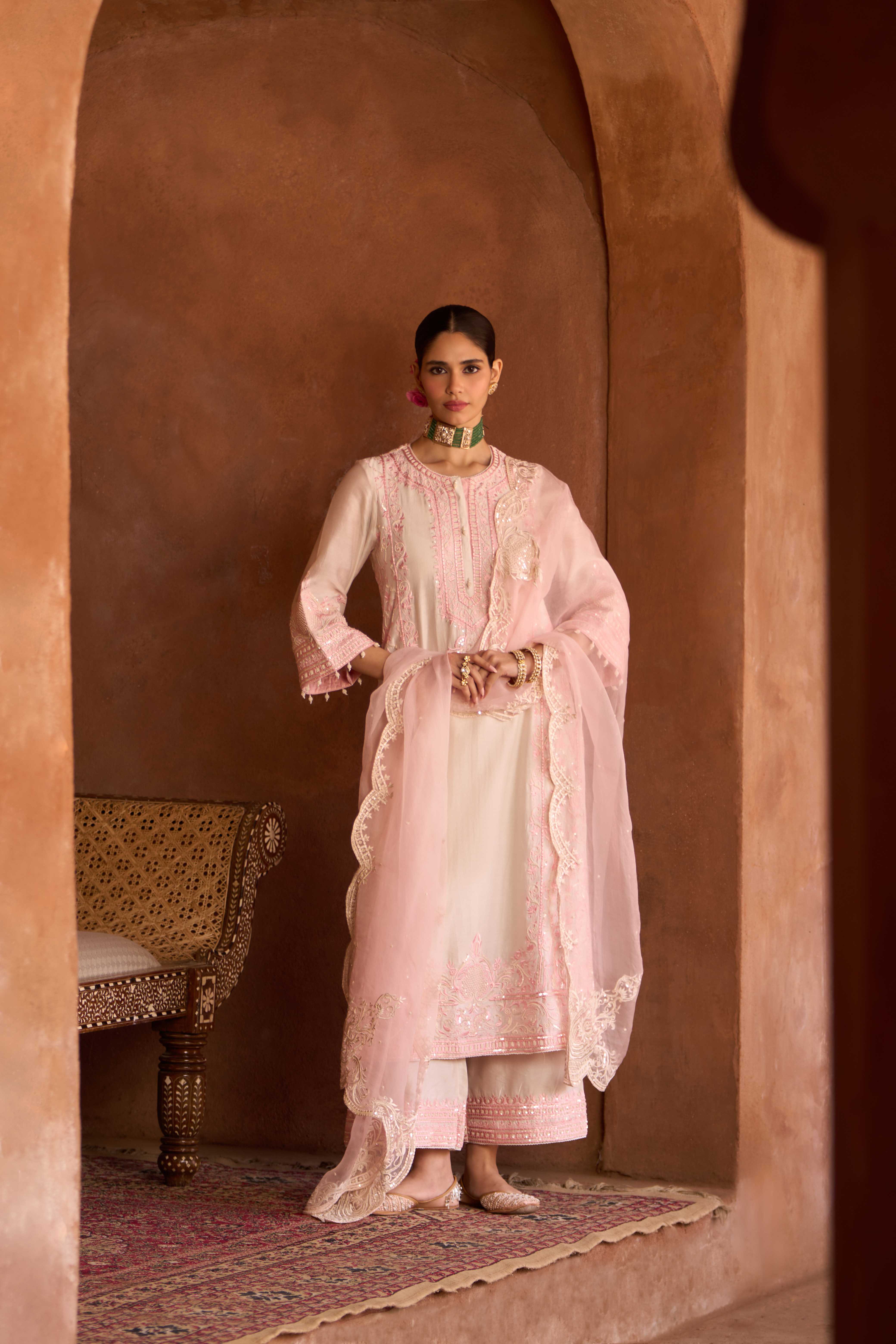 ENA - DAISY IVORY WITH PINK LONG A-LINE KURTA WITH PALAZZO AND DUPATTA