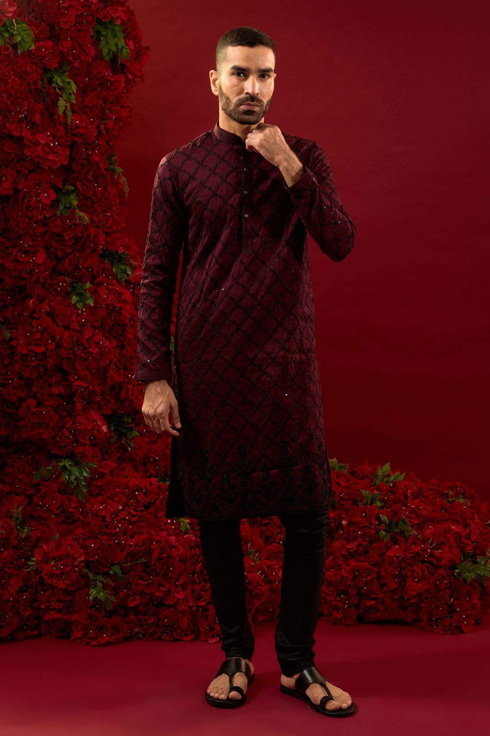 Wine silk kurta and pajama with machine work