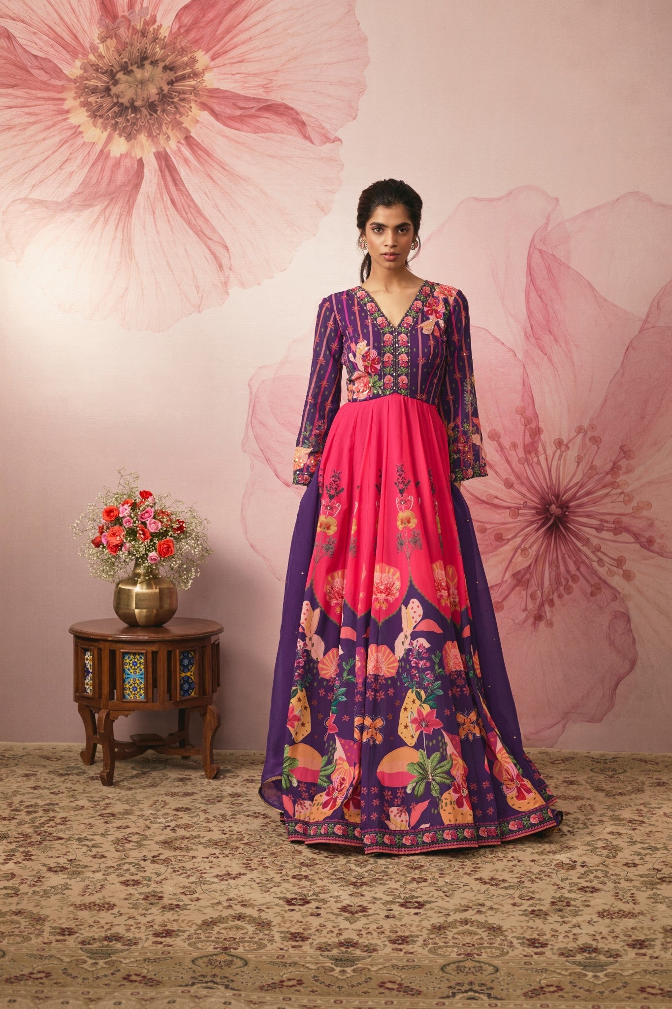 VIOLET FLORAL PRINTED COLOR BLOCK GOWN SET