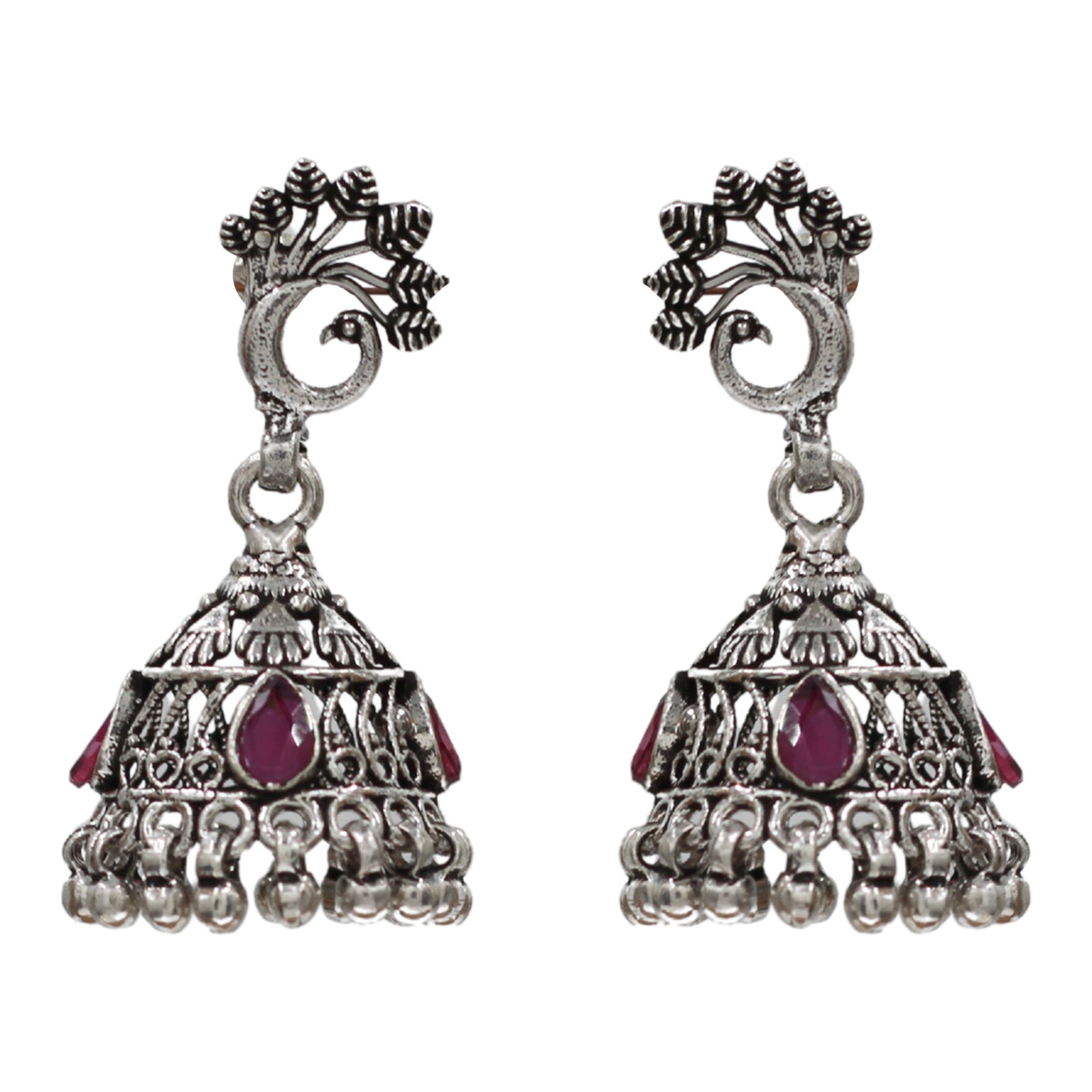Sangeeta Boochra Vintage Peacock Motif Oxidised Silver Statement Earrings