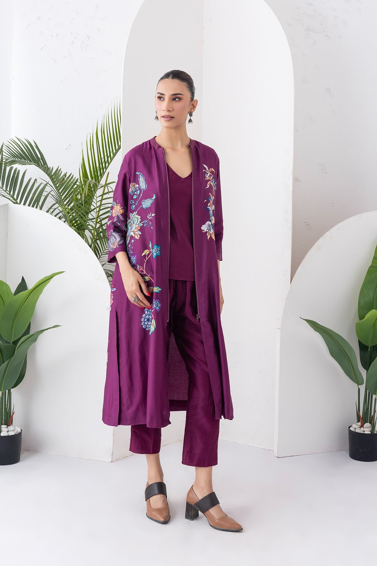 Wine Silk Chanderi Floral Printed Front Open Dress Set (3 PCS)