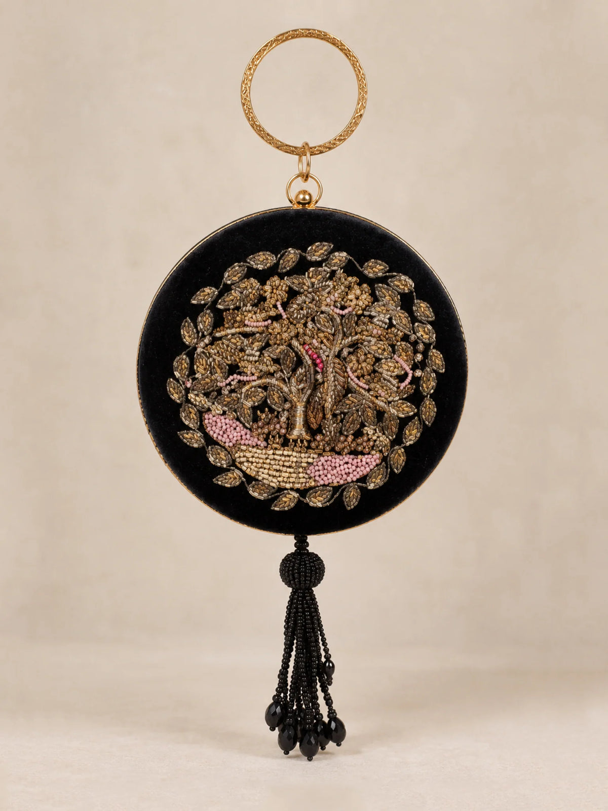 Black Velvet Tree of life Zardozi Embroidered Round Clutch Bag with Beaded Tassel