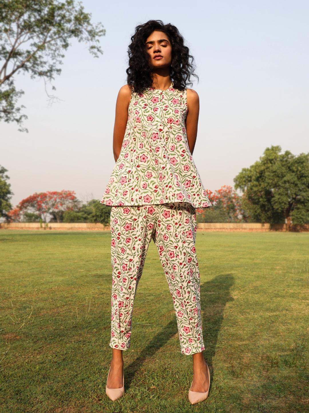 White Cotton Block Print Sleeveless Co-Ord set - trueBrowns