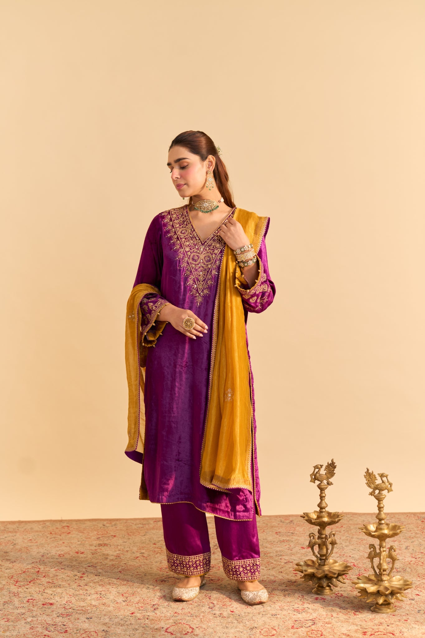 Aynaz - Deep Purple Kurta with Salwar and Dupatta